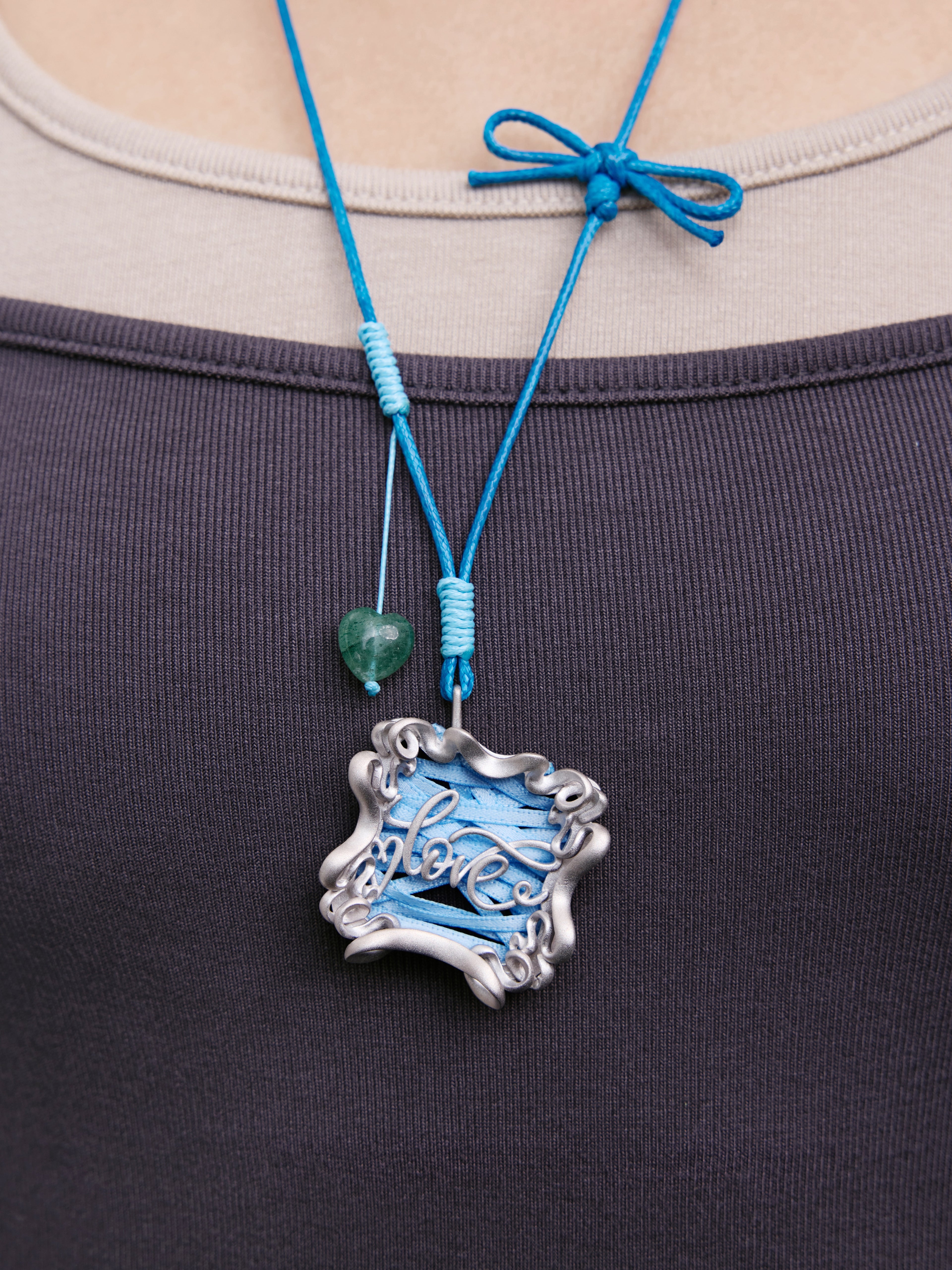 Baby Blue Love Ribbon Pendant Necklace