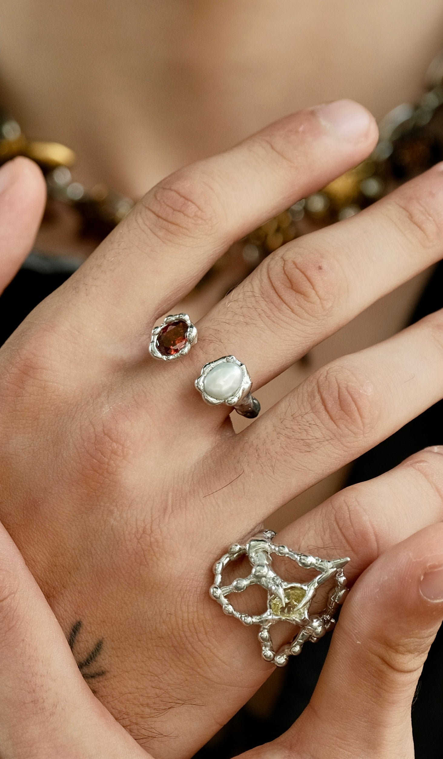 Wuyin Dual Pearl Stone Adjustable Ring - Red